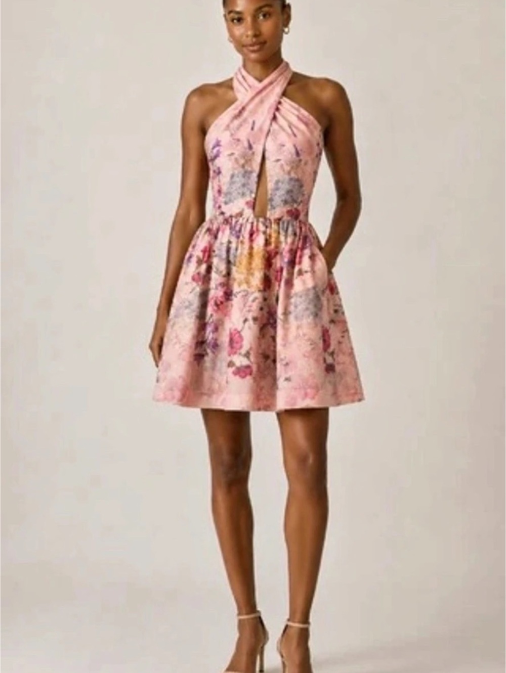 Let Me Be Blossom Floral Halter Mini Dress in Pink Size Small Like New
